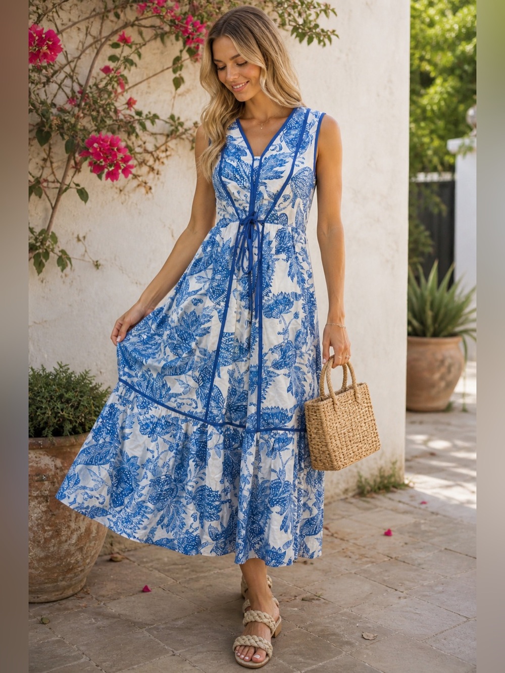 Entro Blue White Floral Midi Dress‎ Tie Back Sleeveless Boho Size S NWOT